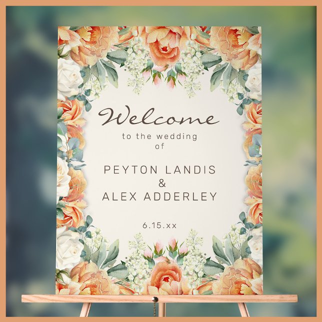 Peach Cream Floral Eucalyptus Wedding Welcome Acrylic Sign (Elegant peach and cream-colored watercolor floral acrylic wedding welcome sign)