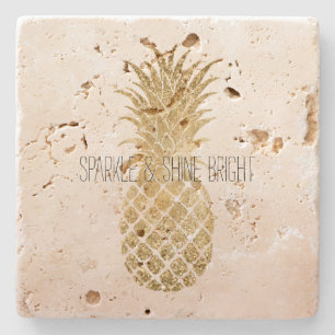Peach Cream Glitter Glitzy Pineapple Sparkle Stone Coaster