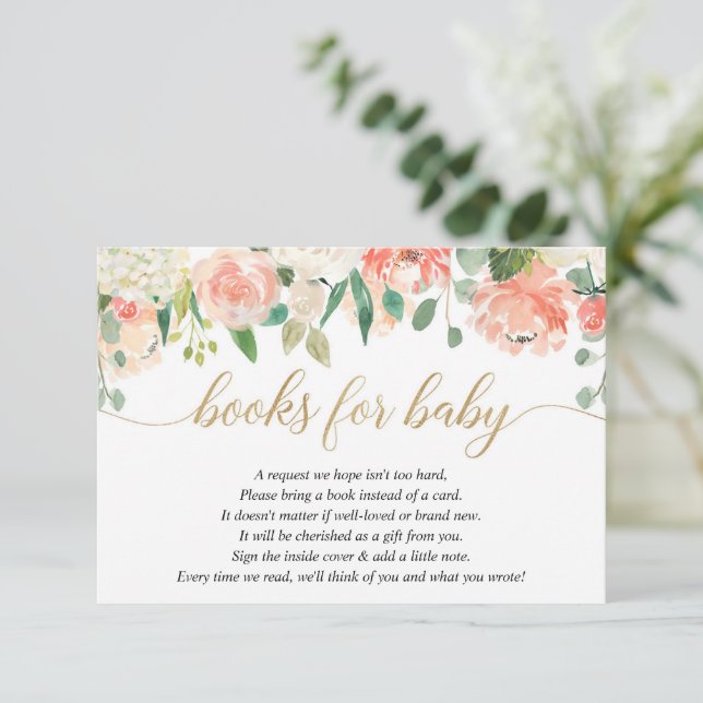 Peach cream greenery spring floral books for baby  enclosure card (Standing Front)