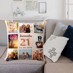 Peach cream photo collage 21st birthday throw pillow