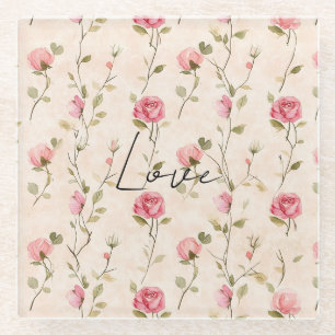 Peach Cream Pink Roses Floral Glass Coaster