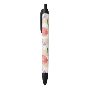 Peach Cream Stripes Watercolor Flowers Black Ink Pen