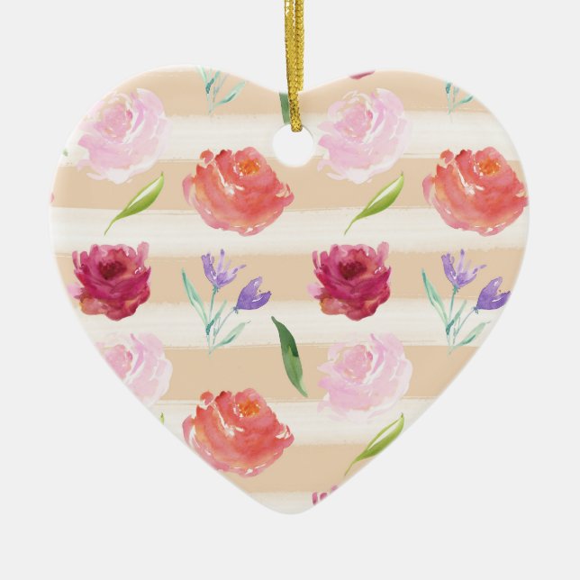Peach Cream Stripes Watercolor Flowers Ceramic Ornament (Front)