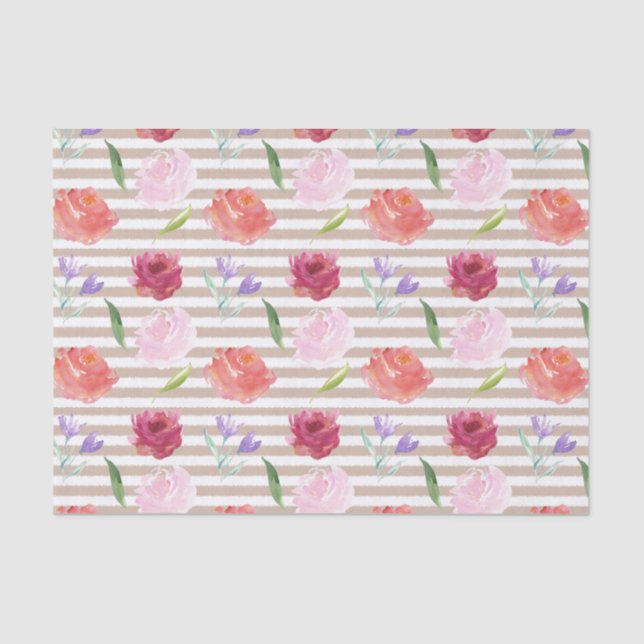 Peach Cream Stripes Watercolor Flowers Tissue Paper (Front)
