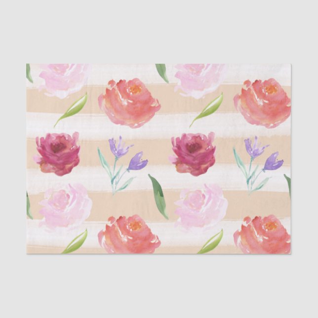 Peach Cream Stripes Watercolor Flowers Tissue Paper (Front)