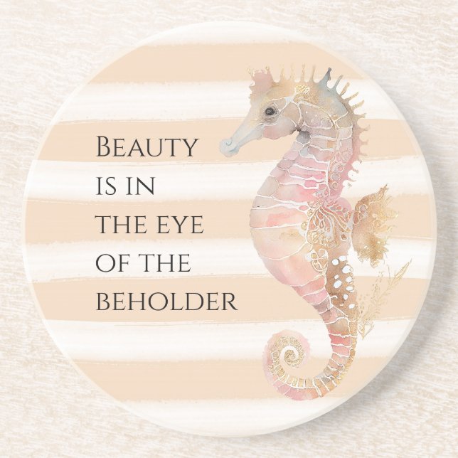 Peach Cream Watercolor Beach Stripes Gold Seahorse Coaster (Front)