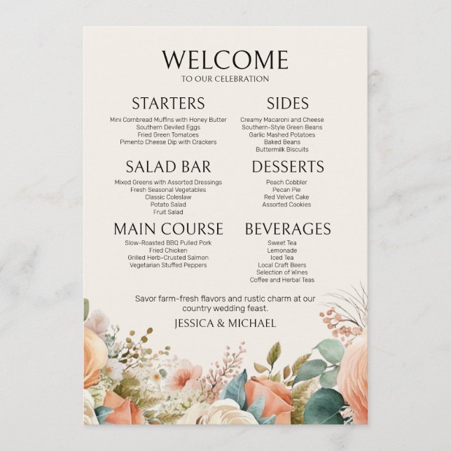 Peach Cream Watercolor Floral Mariage Menu (Devant)