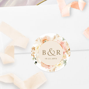 Peach Cream Yellow Floral Wedding Envelope / Favou Classic Round Sticker