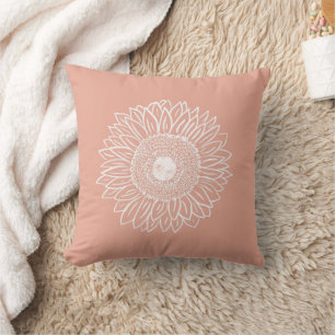 Peach Cute Graphic Sunflower Sketch Floral  Throw Pillow