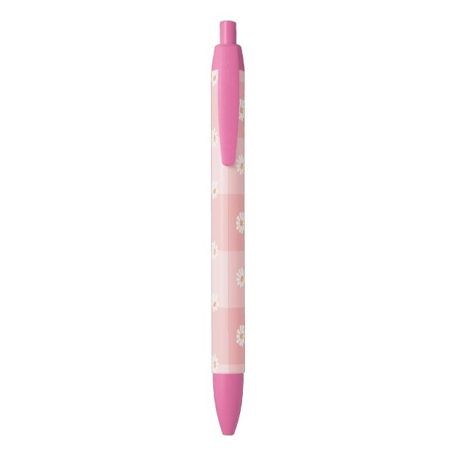 Peach Daisy Checkerboard Black Ink Pen (Back (Vertical))