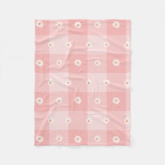 Peach Daisy Checkerboard Fleece Blanket (Front)