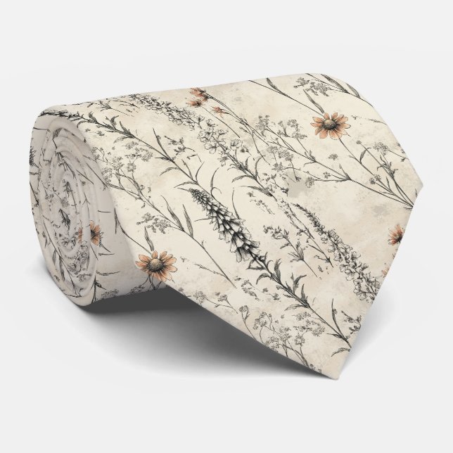 Peach Daisy Garden Wildflower Wedding Tie (Rolled)