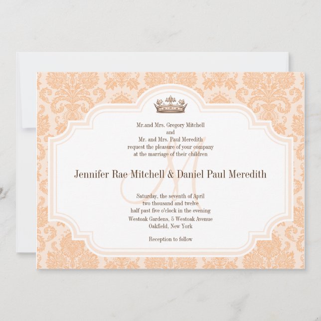 Peach Damask Chocolate Brown Wedding Wording Invitation (Front)