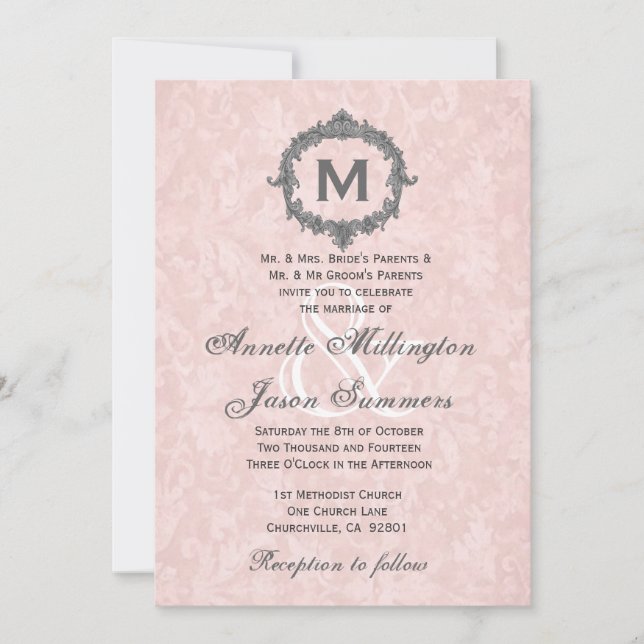 Peach Damask Grey Vintage Frame Monogram Wedding Invitation (Front)