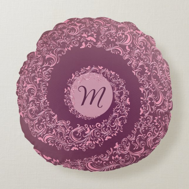 Peach Damask Monogram Round Pillow (Front)