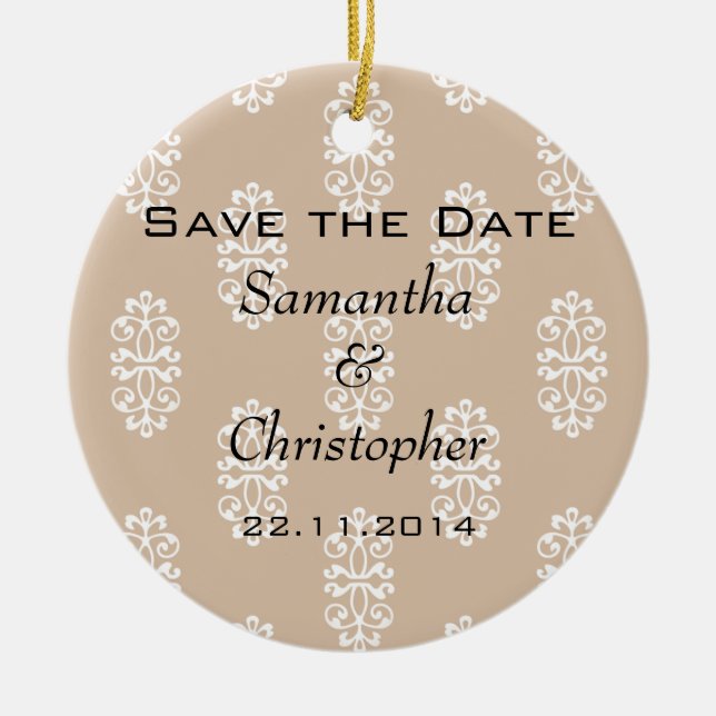 Peach Damask Wedding Save the Date Ceramic Ornament (Front)