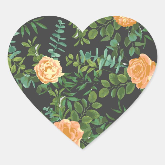Peach Dark Grey Wedding Roses Floral Heart Sticker (Front)