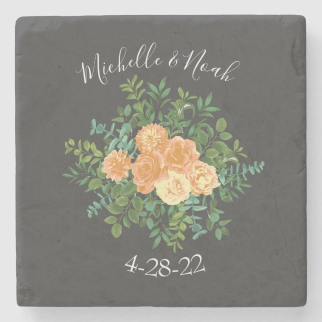 Peach Dark Grey Wedding Roses Floral Stone Coaster (Front)