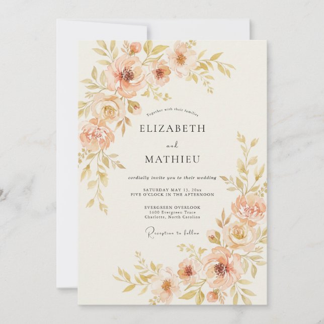 Peach Delicate Botanical Spring Wedding Invitation (Front)