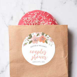 Peach Delicate Floral Couple's Shower Classic Round Sticker