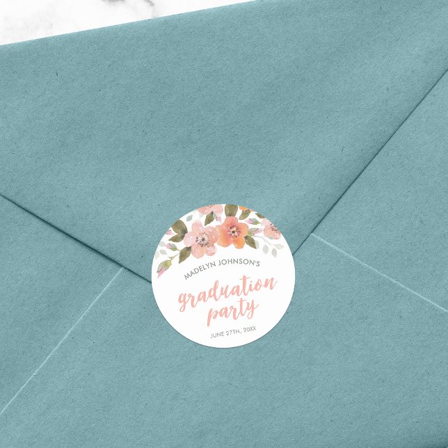 Peach Delicate Floral Graduate Graduation Party Classic Round Sticker (Creator Uploaded)