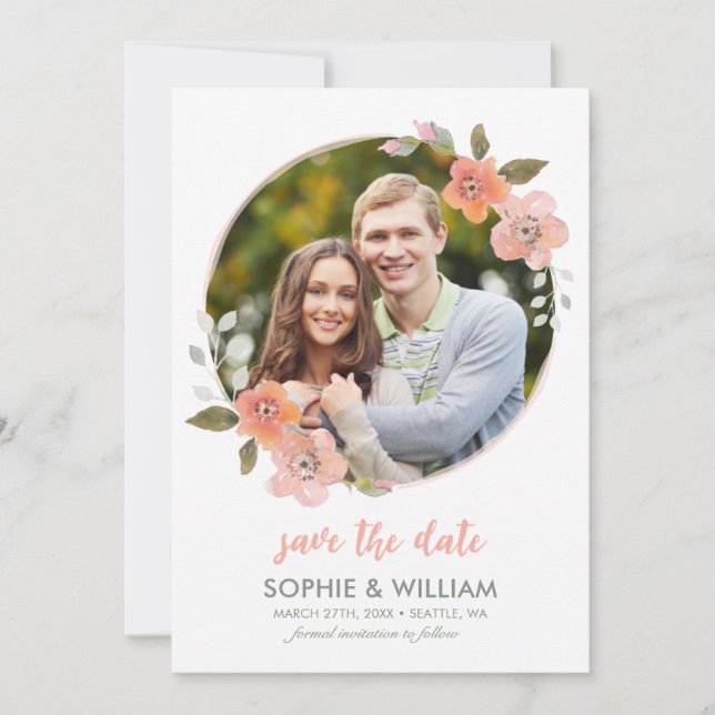 Peach Delicate Floral Photo Save the Date (Front)