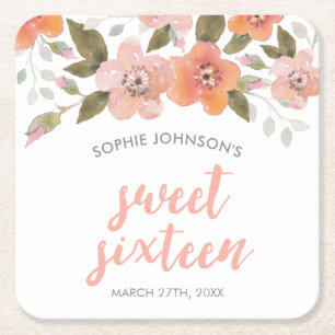 Peach Delicate Floral Sweet Sixteen Square Paper Coaster