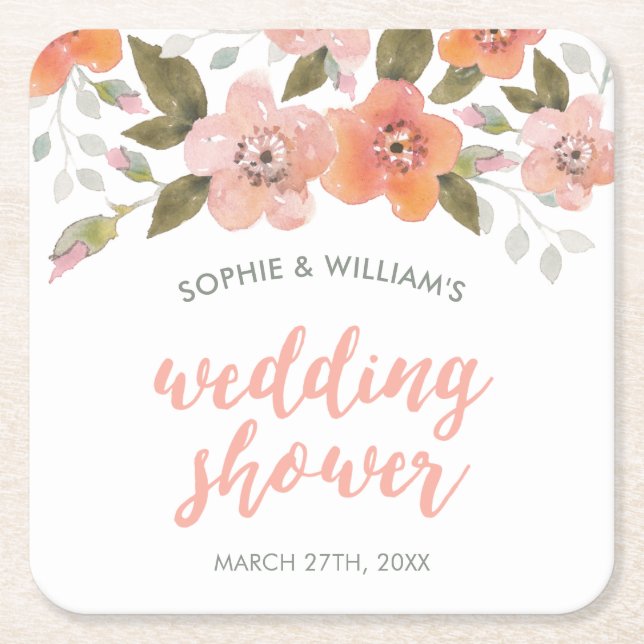 Peach Delicate Floral Wedding Shower Square Paper Coaster (Front)