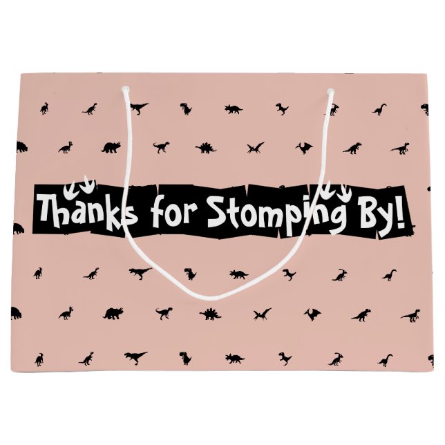 Peach Dinosaur Party Bags: Black Dino Print Large Gift Bag (Front)