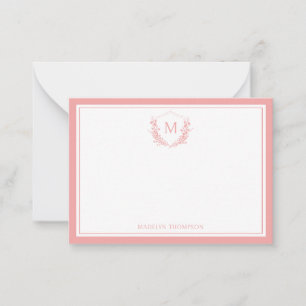 Peach Double Border Floral Crest Classic Monogram Card