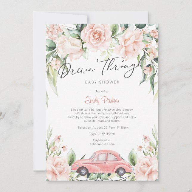 Peach Drive Through Watercolor Floral Baby Shower Invitation (Front)