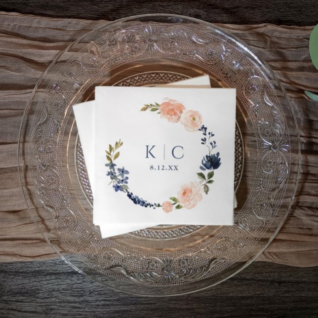 Peach & Dusty Blue Botanical Garden Bridal Shower Napkin (Navy blue & peach wedding or bridal shower napkins - watercolor floral)