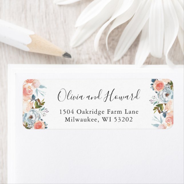Peach Dusty Blue Floral Return Address Label (Insitu)