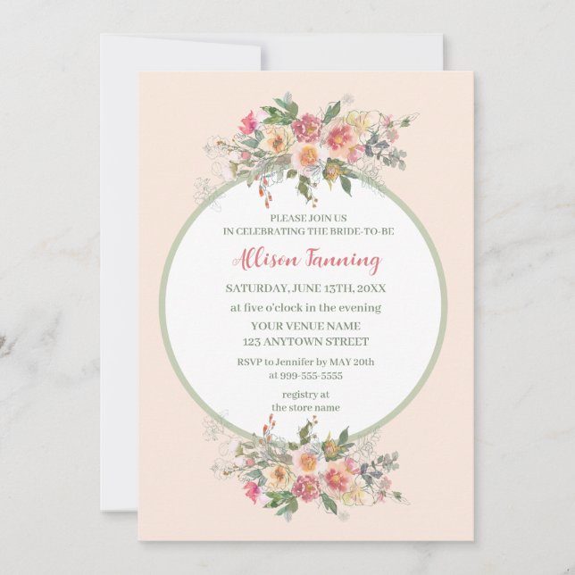 Peach Dusty Pink Rose Watercolor Bridal Shower  Invitation (Front)