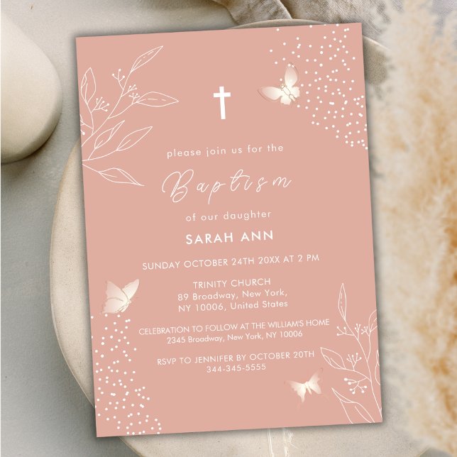 Peach Elegant Leaves Butterfly Cross Baptism Invitation (Peach Elegant Leave Butterfly Cross Baptism Invitation)