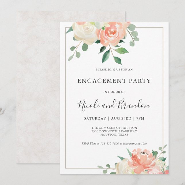 Peach Elegant Watercolor Floral Engagement Party Invitation (Front/Back)