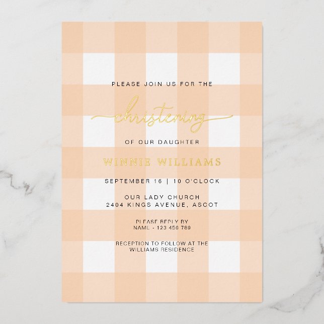 Peach En vichy Christening Foil Invitation (Recto)