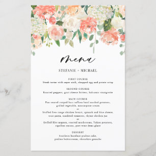 Peach et Ivory Watercolor Flowers Menu Mariage