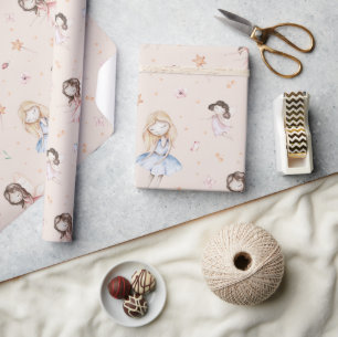 Peach Fairy Girls Flowers Wings Wand Butterfly Wrapping Paper