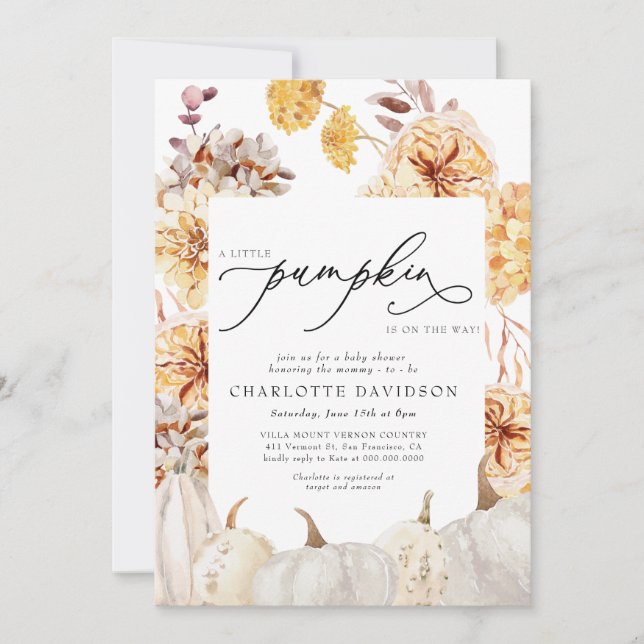 Peach Fall Pumpkin Floral Boho Neutral Baby Shower Invitation (Front)