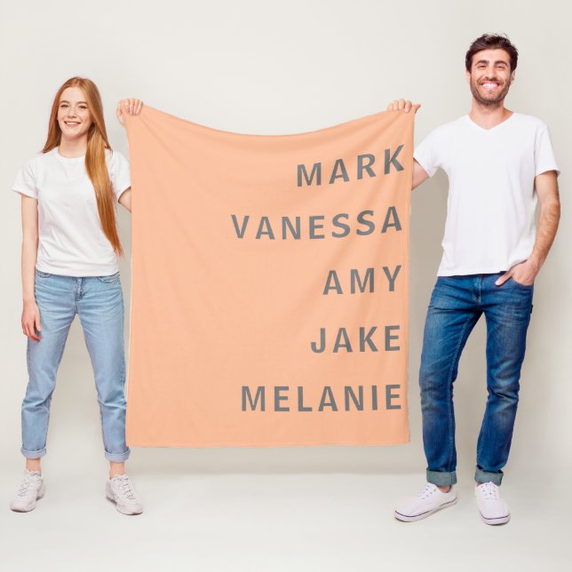 Peach Family Names Monogram Minimalist Grey Text Fleece Blanket (In Situ)