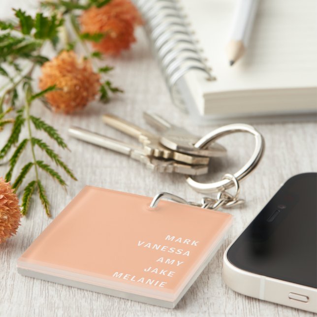 Peach Family Names Monogram Minimalist White Text Keychain (Front Right)