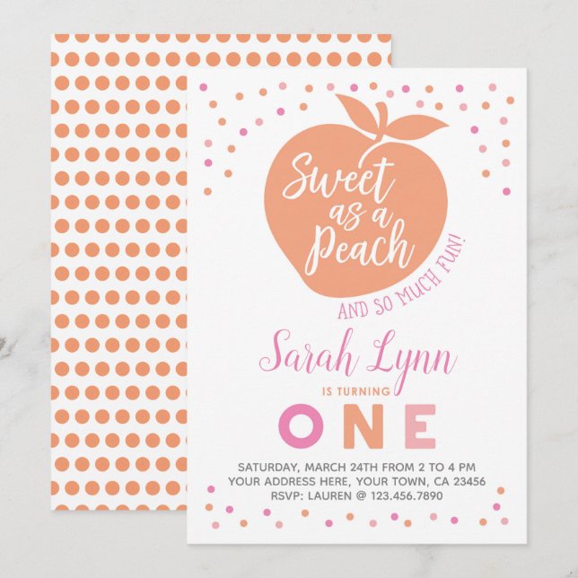Peach First Birthday Invitation (Front/Back)