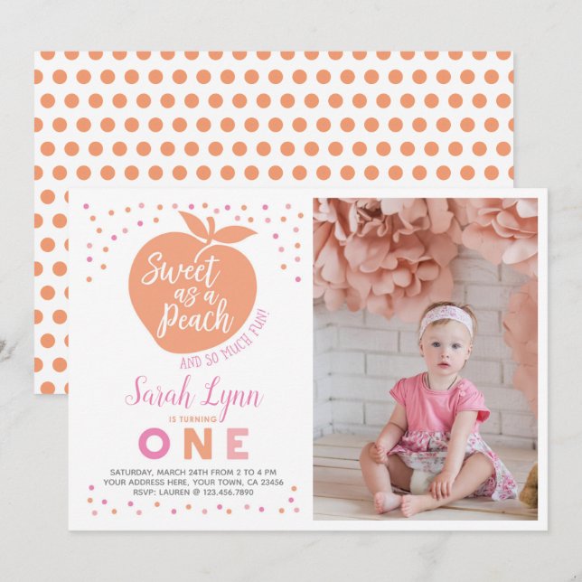 Peach First Birthday Invitation avec photo (Devant / Derrière)