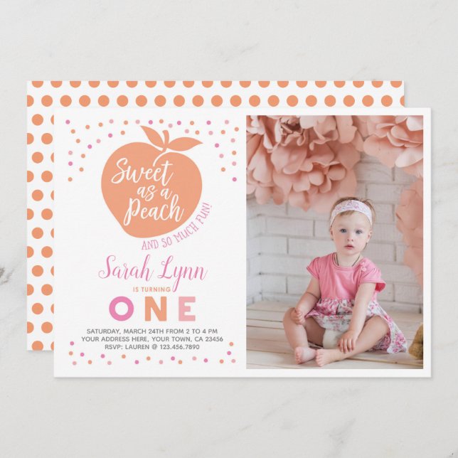 Peach First Birthday Invitation with Photo (Front/Back)