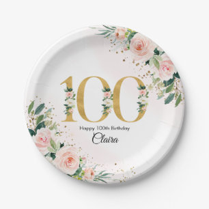 Peach Floral 100th Birthday Paper Plates