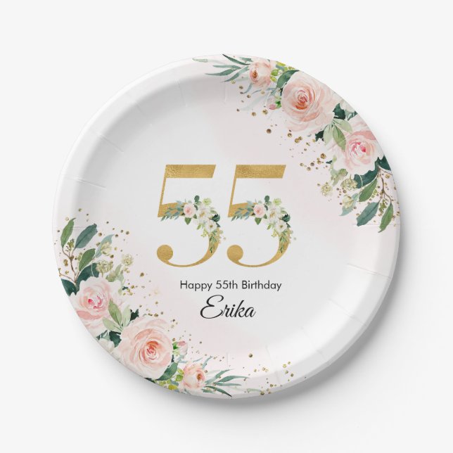 Peach Floral 55th Birthday Paper Plates (Front)
