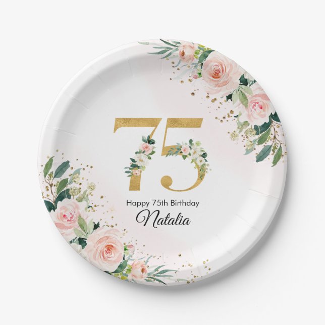 Peach Floral 75th Birthday Paper Plates (Front)