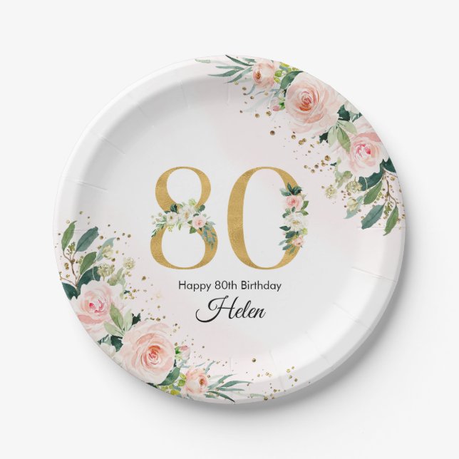 Peach Floral 80th Birthday Paper Plates (Front)