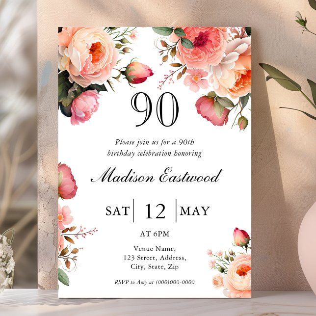 Peach Floral 90th Birthday Invitation (Creator Uploaded)